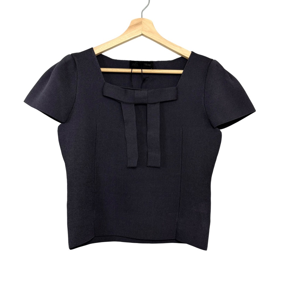 Zara Knit Bow Square Neck Top Dark Grey Stretch Ribbed Short Sleeve Large NWT
